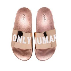 QUPID Rose Gold Metallic Only Human Graphic Print Slip-on Sandals